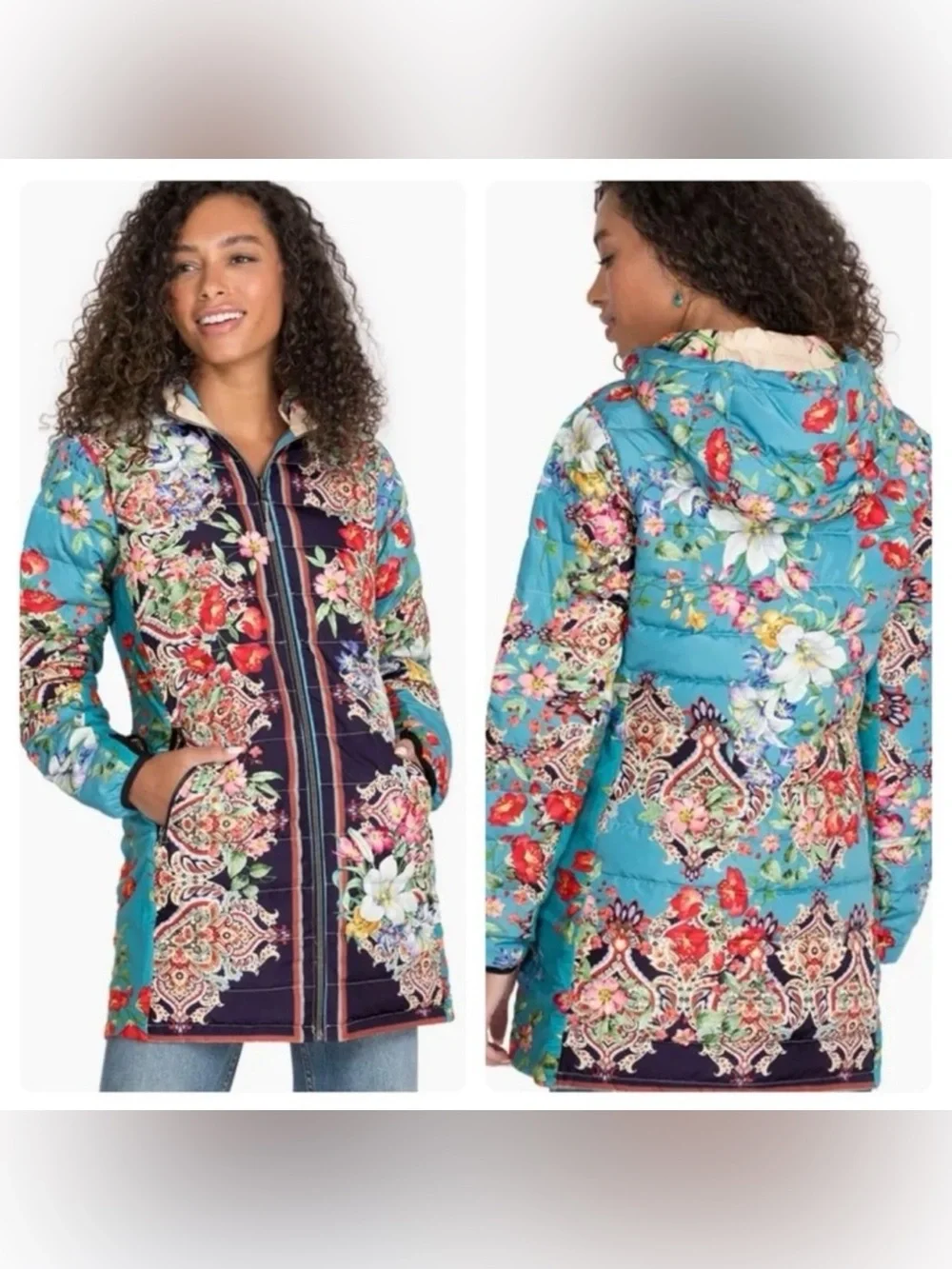 Johnny Was Santa Fe Reversible Down Puffer Parka Teal Multicolor Floral Large